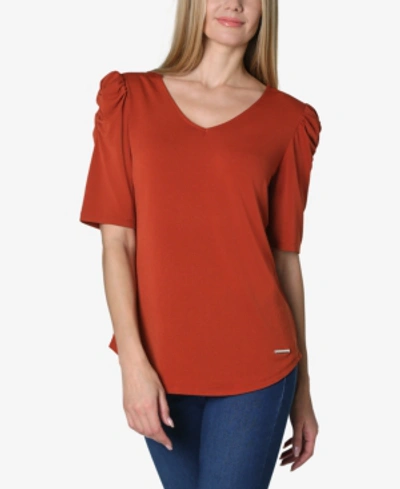 Adrienne Vittadini Elbow Puff Sleeve Solid V-neck Knit Top In Red