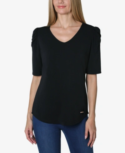 Adrienne Vittadini Elbow Puff Sleeve Solid V-neck Knit Top In Black