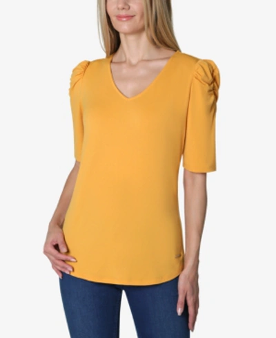 Adrienne Vittadini Elbow Puff Sleeve Solid V-neck Knit Top In Yellow