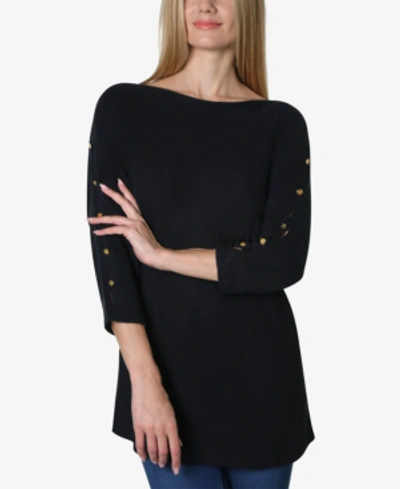 Adrienne Vittadini Boat Neck Dolman Split Sleeve Button Trim Sweater In Jet Black