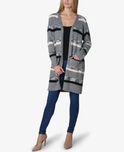 Adrienne Vittadini Shawl Collar Stripe Long Sleeve Sweater Cardigan In Gray