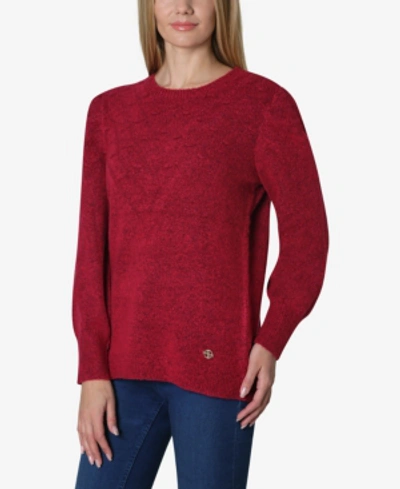 Adrienne Vittadini Round Neck Puff Shoulder Marled Pull Over Sweater In Burgundy