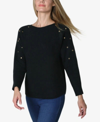 Adrienne Vittadini Grommet Trim Dolman Sleeve Sweater In Jet Black