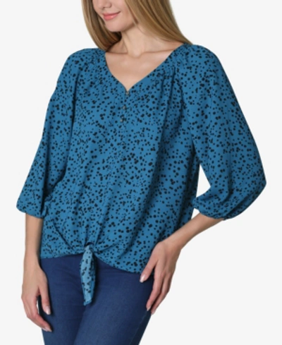 Adrienne Vittadini 3/4 Sleeve Henley Tie Front Blouse In Blue