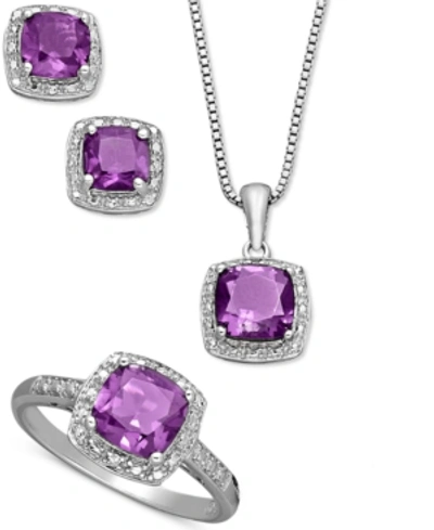 Macy's Sterling Silver Jewelry Set, Cushion Cut Amethyst Pendant, Earrings And Ring Set (4-1/3 Ct. T.w.) In Purple
