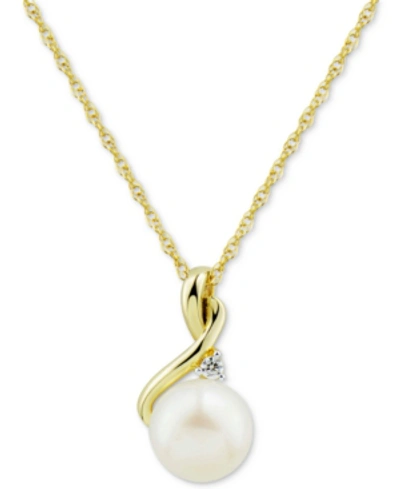 Macy's Cultured Freshwater Pearl (8mm) & Diamond (1/10 Ct. T.w.) 18" Pendant Necklace In 10k Gold In Yellow Gold