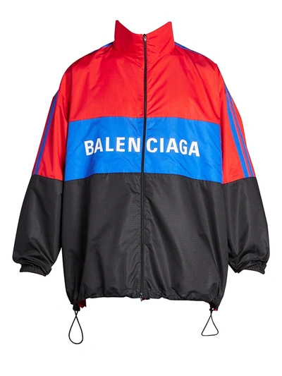 Balenciaga Men's Colorblock Logo Track Jacket In Ruby