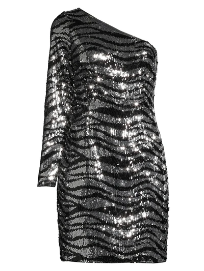 Aidan Mattox Women's One-shoulder Zebra Sequin Mini Dress In Black Silver