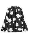 Theory Floral V-neck Puff-sleeve Silk Blouse In Black