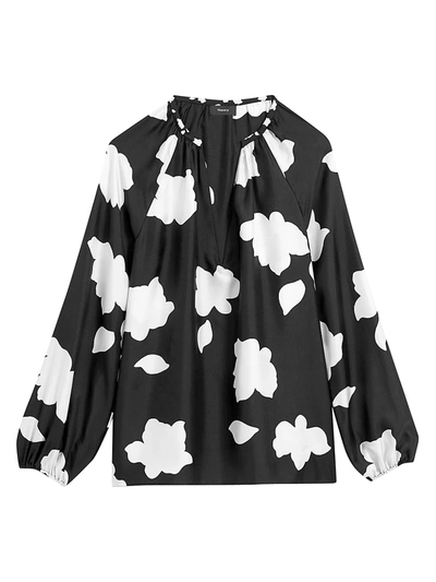Theory Floral V-neck Puff-sleeve Silk Blouse In Black