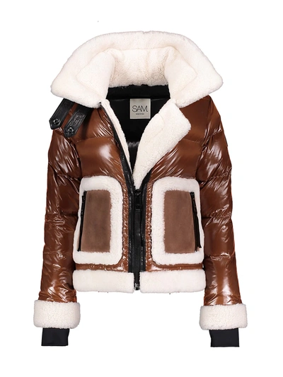 Sam Veronica Shearling-trimmed Down Biker Jacket In Cognac