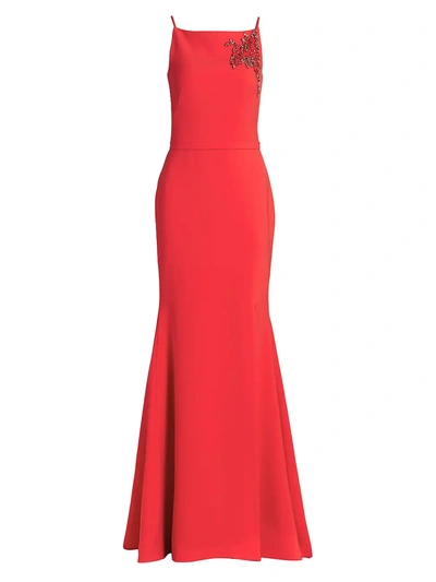 Theia Crepe Embroidered Gown In Tomato
