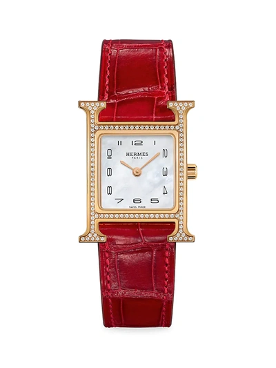 Hermes Heure H 25mm 18k Rose Gold, Diamond & Alligator Strap Watch In Red