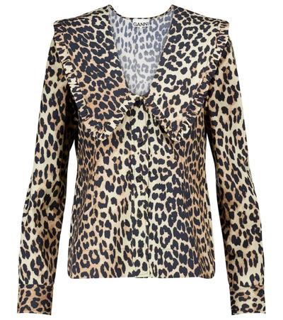 Ganni Ruffled-collar Leopard-print Cotton-poplin Blouse In Animal Print