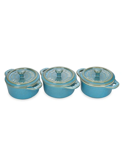 Staub 3-piece Mini Round Cocotte Set In Rustic Turquoise