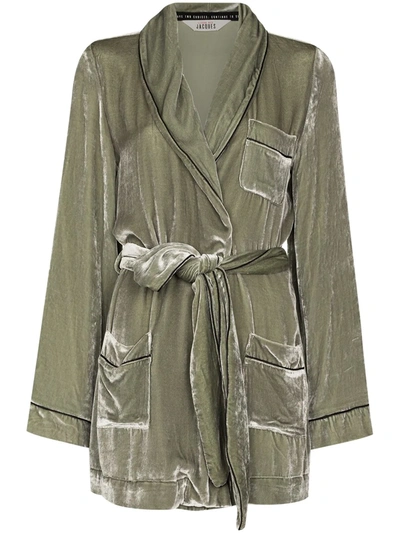 Sleeping With Jacques The Bon Vivant Belted Piped Velvet Dressing Gown In Desert Sage