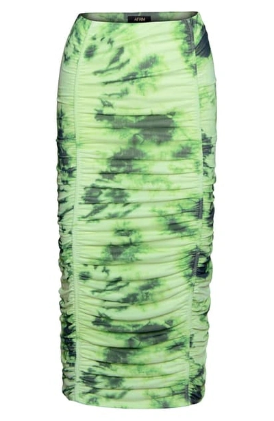 Afrm Venice Ruched Skirt In Lime Green Tie Dye