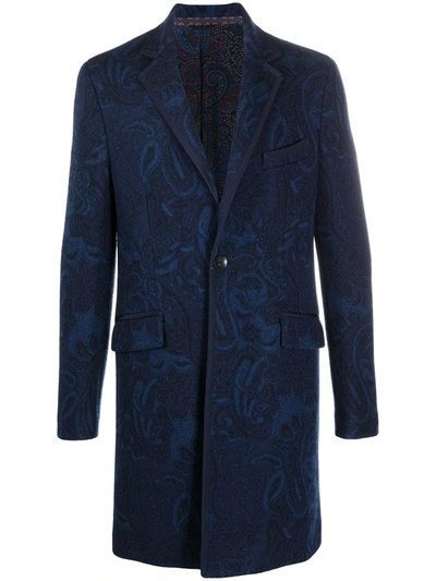 Etro Paisley Print Wool-blend Coat In Blue