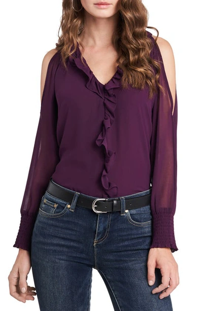 1.state 1. State Ruffle Cold Shoulder Top In Deep Plum
