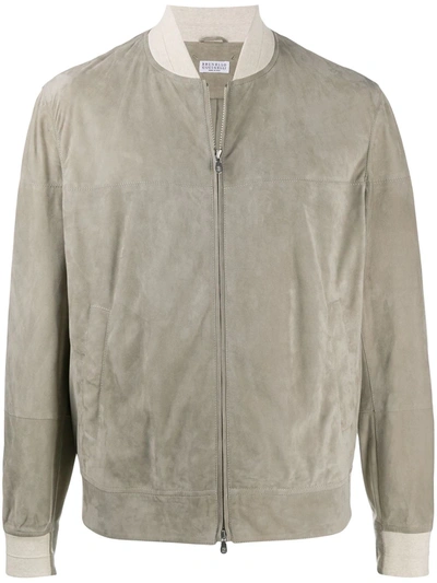 Brunello Cucinelli Leather Bomber Jacket In Light Beige