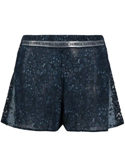 La Perla Navy-blue Silk-blend Logo Print Semi-sheer Shorts