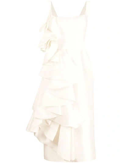 Parlor Waterfall Ruffle Evening Gown In White