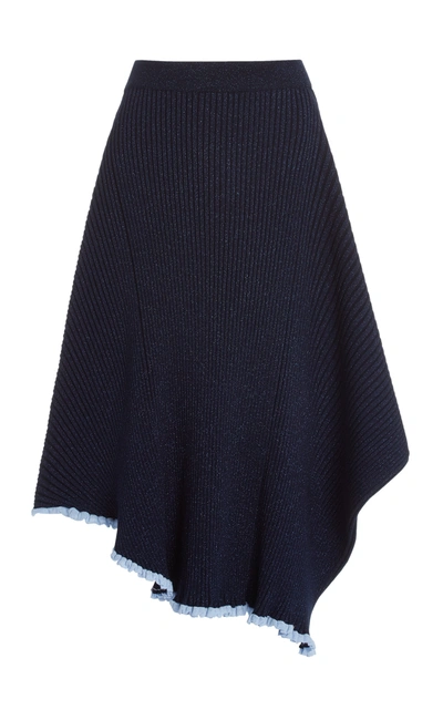 Jw Anderson Women's Asymmetric Metallic Ribbed-knit Midi Skirt In Blue
