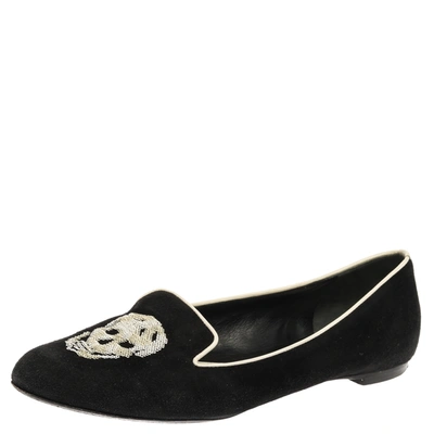 Pre-owned Alexander Mcqueen Black Suede Leather Sequins Skull Embellished Smoking Slippers Size 38.5