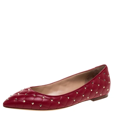 Pre-owned Valentino Garavani Red Quilted Leather Rockstud Spike Pointed Toe Ballet Flats Size 39