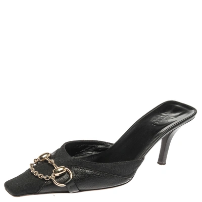 Pre-owned Gucci Ssima Canvas Horsebit Mule Slide Sandals Size 37 In Black