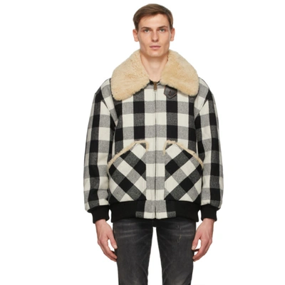 R13 Black & Off-white Exaggerated Collar Bomber Jacket In Buff Plaid