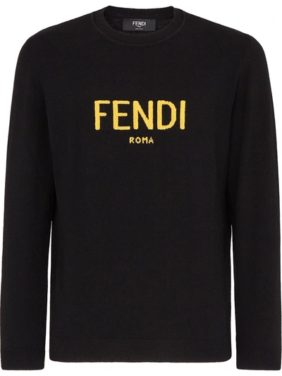 Fendi Mens Black Brand-pattern Crewneck Cashmere Jumper 40 In Noir