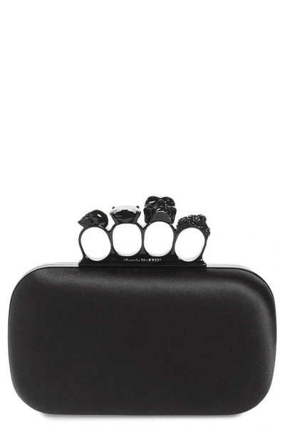 Alexander Mcqueen Skull Four Ring Silk Box Clutch In Black