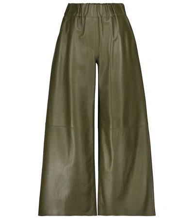 Loewe Cropped Wide-leg Leather Trousers In Khaki