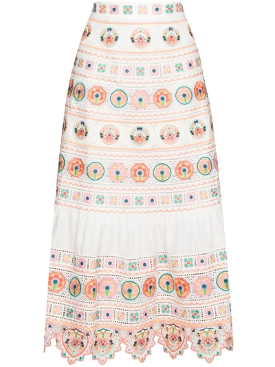 Zimmermann Brighton Floral-embroidered Cotton Midi Skirt In White