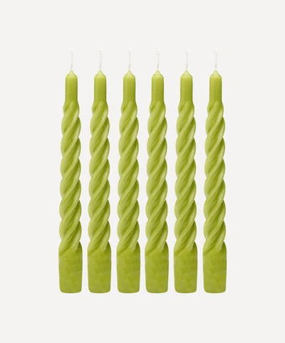 Anna + Nina Shiny Moss Green Twisted Candles Set Of Six