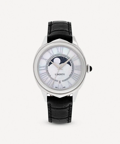 Liberty Lasenby Moonphase Mother-of-pearl Leather Strap Watch In Silver-tone