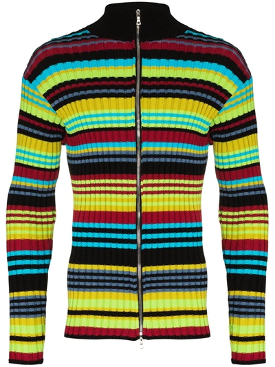 Agr Striped Zip-up Knitted Cardigan In Schwarz