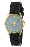 Gucci Diamond G-timeless Bee Leather Strap Watch, 30mm In Snakeskin/blue/ Gold