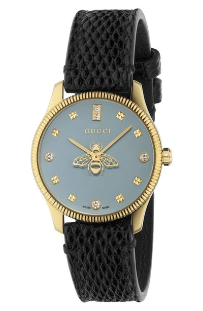 Gucci Diamond G-timeless Bee Leather Strap Watch, 30mm In Snakeskin/blue/ Gold