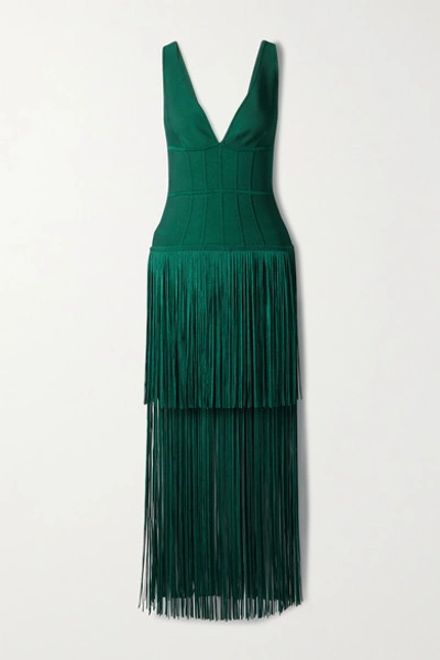 Herve Leger Sleeveless Deep V-neck Fringe Gown In Viridian | ModeSens