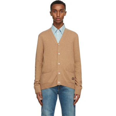 Gucci Logo-embroidered Knitted Cardigan In Camel