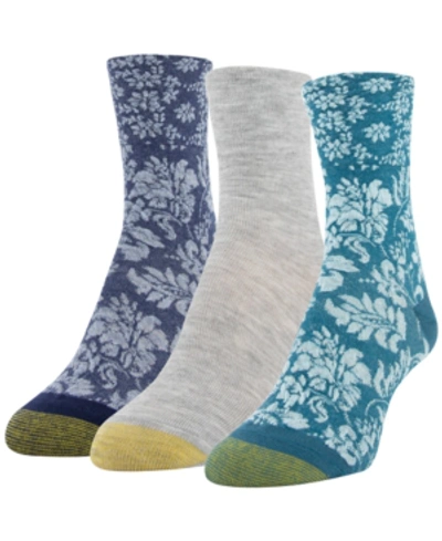 Gold Toe Women's Tapestry-texture 3pk Midi Crew Socks In Teal, Light Grey, Peacoat