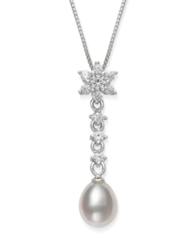 Macy's Cultured Freshwater Pearl 7-8mm And Cubic Zirconia Drop Pendant In Sterling Silver With 18" Chain In White