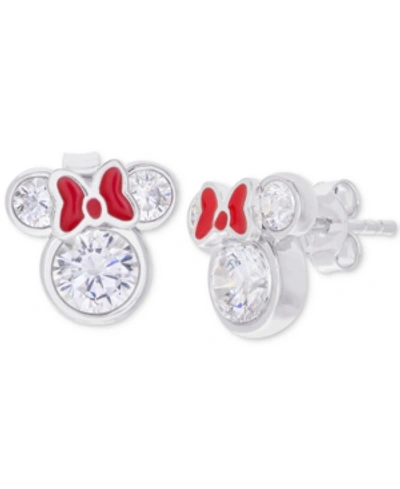 Disney Kids' Children's Cubic Zirconia & Enamel Minnie Mouse Stud Earrings In Sterling Silver