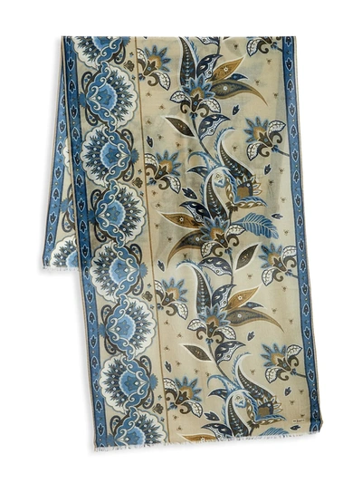 Kiton Multi Floral Silk Scarf In Beige Blue Brown