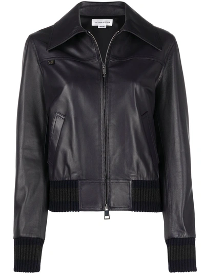 Victoria Beckham Women's Knit-trimmed Leather Bomber Jacket In Navy