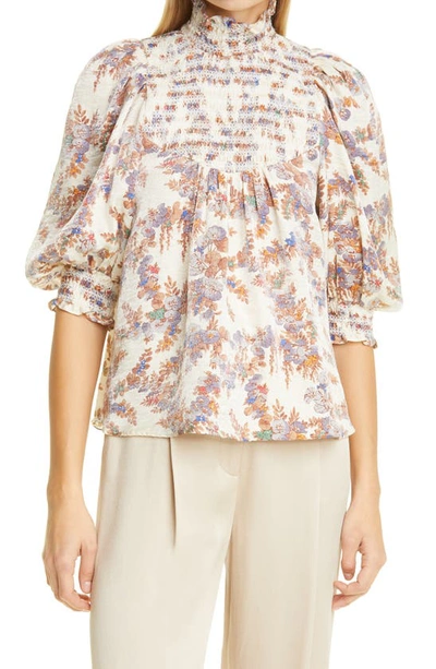 Bytimo Smocked Floral-print Metallic Woven Blouse