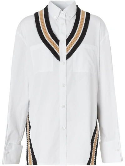 Burberry Knit-trim Button-down Shirt In White