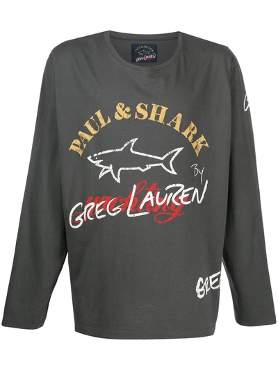 Greg Lauren X Paul & Shark Long-sleeved Logo Print T-shirt In Grey